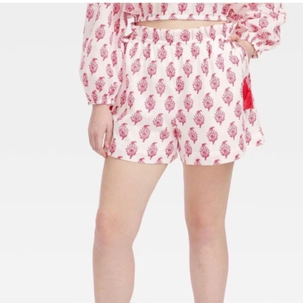 Roller Rabbit Target Pink Block Print Cotton Tassel Shorts Large Side Tie Preppy